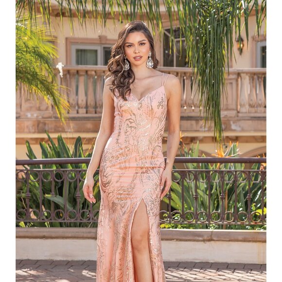 New Sequins Embellished Maxi Ceremonial Gown w/ V-Neck & Lace Up Back DQ 4302 - Picture 3 of 9